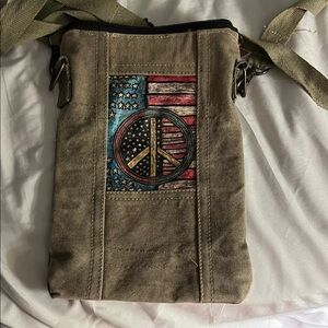 Khaki Canvas Crossbody Bag with Peace Sign and Flag